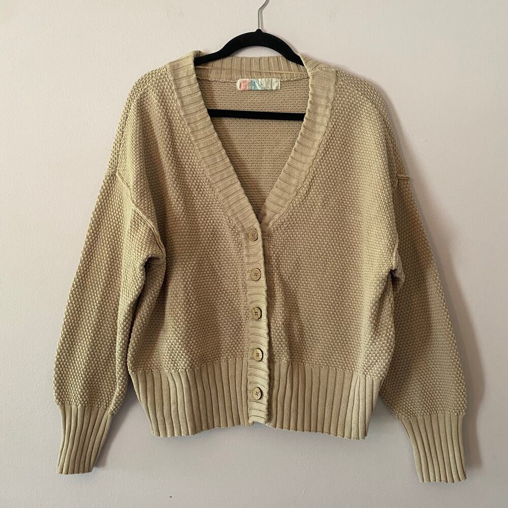 Free People Beach Cream Knit V-neck Cardigan Sweater Cotton Women's size Small